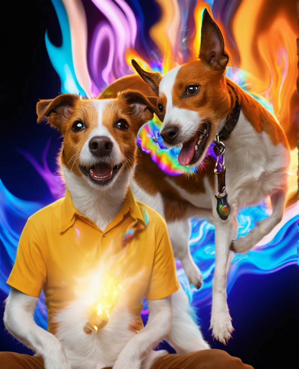 a white and tan jack russell terrier named George ate all of his owner's psychedelic psilocybin mushrooms and now he finds himself tripping BALLS on a wacky wild adventure with his new best friend who happens to be a brown and white GOAT named Kevin, digital illustration, holographic, firey, fire, photorealistic, whimsical, colourful lighting, wide angle lens, slow shutter speed