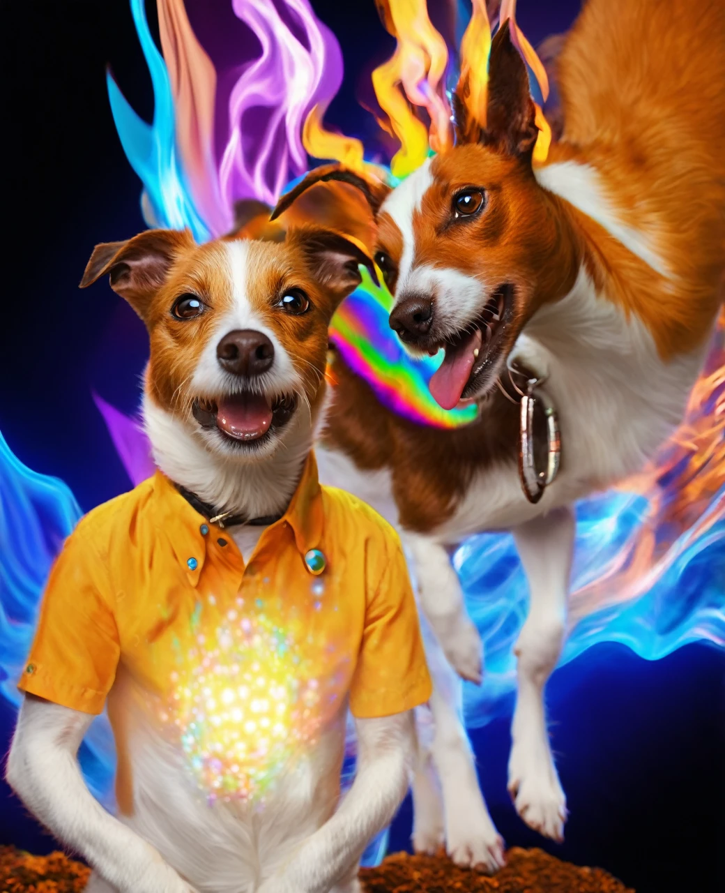 a white and tan jack russell terrier named George ate all of his owner's psychedelic psilocybin mushrooms and now he finds himself tripping BALLS on a wacky wild adventure with his new best friend who happens to be a brown and white GOAT named Kevin, digital illustration, holographic, firey, fire, photorealistic, whimsical, colourful lighting, wide angle lens, slow shutter speed