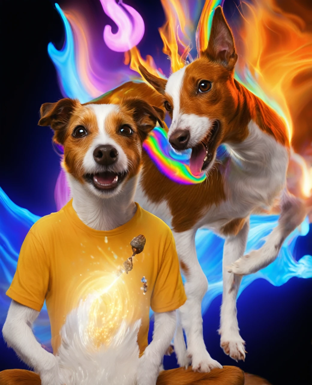 a white and tan jack russell terrier named George ate all of his owner's psychedelic psilocybin mushrooms and now he finds himself tripping BALLS on a wacky wild adventure with his new best friend who happens to be a brown and white GOAT named Kevin, digital illustration, holographic, firey, fire, photorealistic, whimsical, colourful lighting, wide angle lens, slow shutter speed