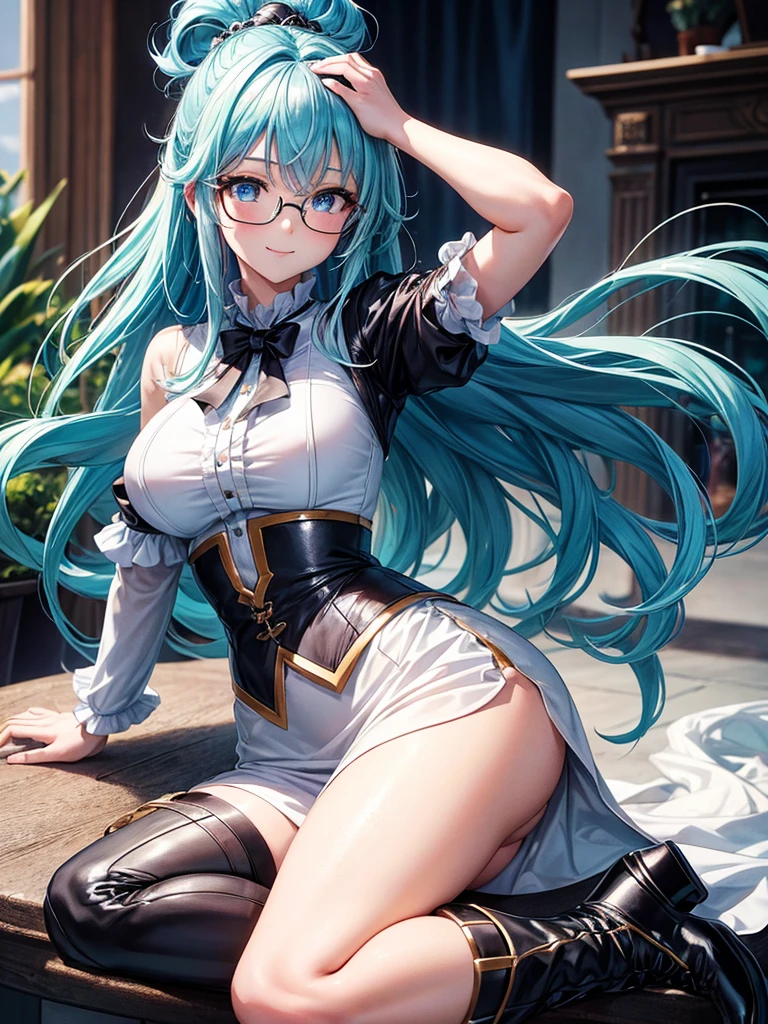 Anime girl with blue hair and black stockings holds a wine bottle., Kuchart Krenz Key Art Feminine, anime moe art style, Charming anime girl, A very detailed RTM pathogen., Trending on artstation pixiv, Pixieve 3dcg, Highest rating on pixiv, Best konachan anime wallpaper 4k, (NRF) safe for work, very big breasts, realistically, Young woman, wear glasses