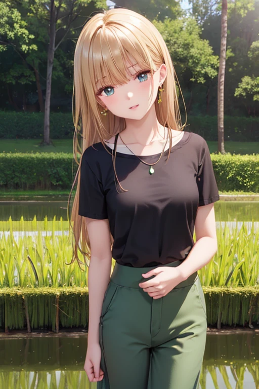#Basic matters mahiru shiina, A girl is posing for a photo, animeのかわいい女の子, (((One Girl, Baby Face, ))), 
BREAK 

#Clothing Accessories 
(Black T-shirt:1.4 + (Knee-length wide-leg pants in matcha green:1.4) + sneakers), 
(big silver necklace, Silver earrings), 
BREAK 

#Features 
(Droopy eyes), (Small breasts), 
B#expression 
(smug face, Wicked Smile), 
#background environment 
((noon, Sunshine + Paddy field + Rural landscape + rainbow)), 
#composition 
(Face the viewer:1.4, Aggressive Pose, Cowboy Shot:1.4), 
BREAK 

#Body parts elements 
(Beautiful Hair,Shiny Hair), 
(double eyelid, Long eyelashes), 
(Expression of fine eyes, Beautiful and delicate eyes, Sparkling eyes, Eye Reflexes), 
(Human Ear), 
(Beautiful Nose, Thin Nose), 
(Glossy lips, Beautiful Lips, Thick lips), (Symmetrical facial features), 
(Detailed skin, Textured skin, Beautiful Skin), 
BREAK 

#Quality 
(((Highest quality)), ((masterpiece)), ((Very detailed))), ((High resolution), (16K,1080P)), 
(Realistic), (Anatomically correct), 
((comics, anime)), (3DCG), CG illustration,
