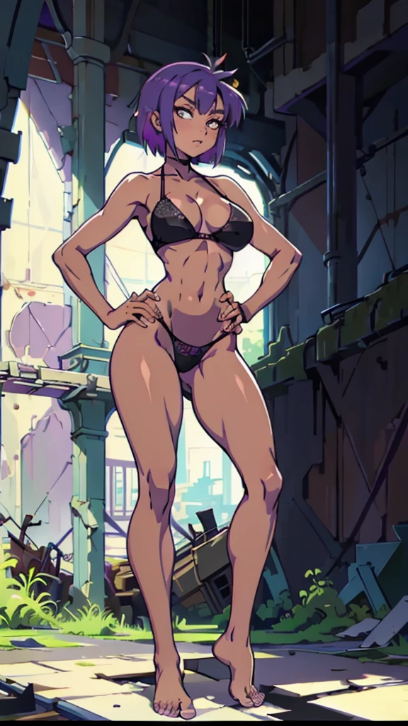 Masterpiece, best quality, Masterpiece, best quality, 1 woman, Tanned skin , purple short hair , purple hair. , sly face , Black lace bikini , big breasts , abdomen , Long legs , Put your hands on your hips... , Barefoot , full body , abandoned factory ,