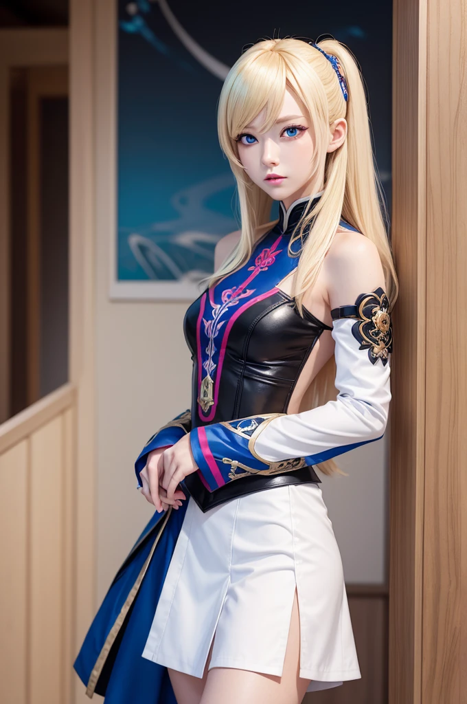 Genshin Impact style female character blonde with blue eyes long hair