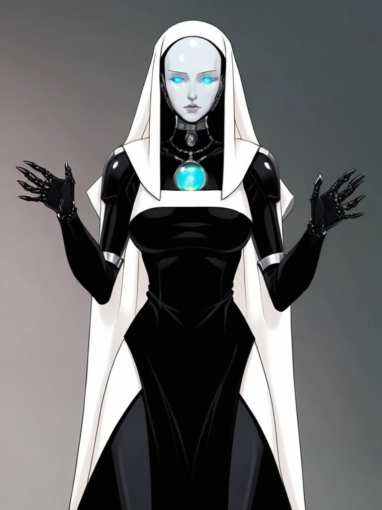 ral-opal, meahophontron, full body, woman robot face, monja diabolica, looking at camera, body nun clothes, black demon.