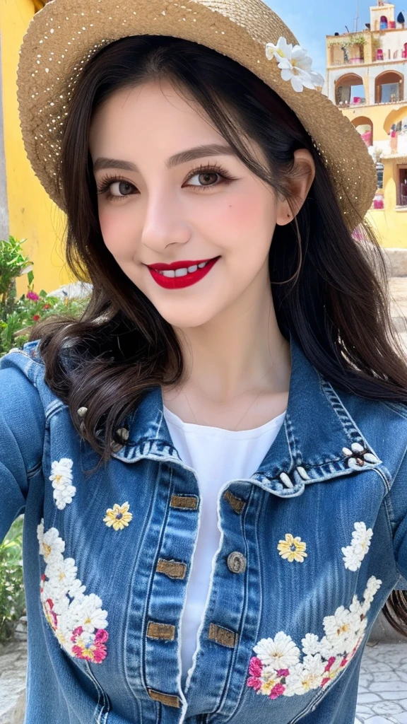  vampire girl about 30 years old, the girl is pale white, grey eyes, wavy black hair, black painted lips, She is on vacation in Mexico wearing a white Mexican handmade blouse with handmade flower embroidery., tight denim jeans, smiling and walking in a magical town in Mexico