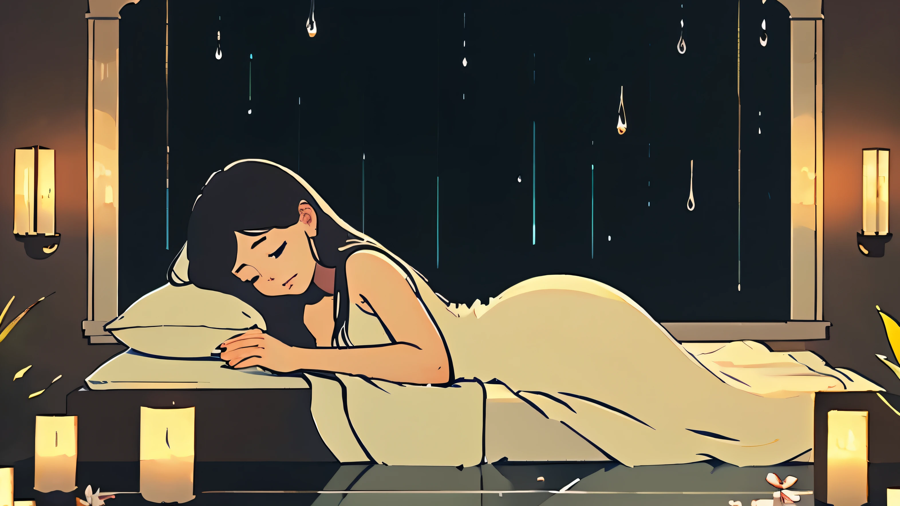 A young woman sleeping peacefully, her face serene, as soft harp music and gentle raindrops create a soothing, dreamlike atmosphere around her. The scene has a calming, tranquil quality, inviting the viewer to experience a moment of peaceful repose.