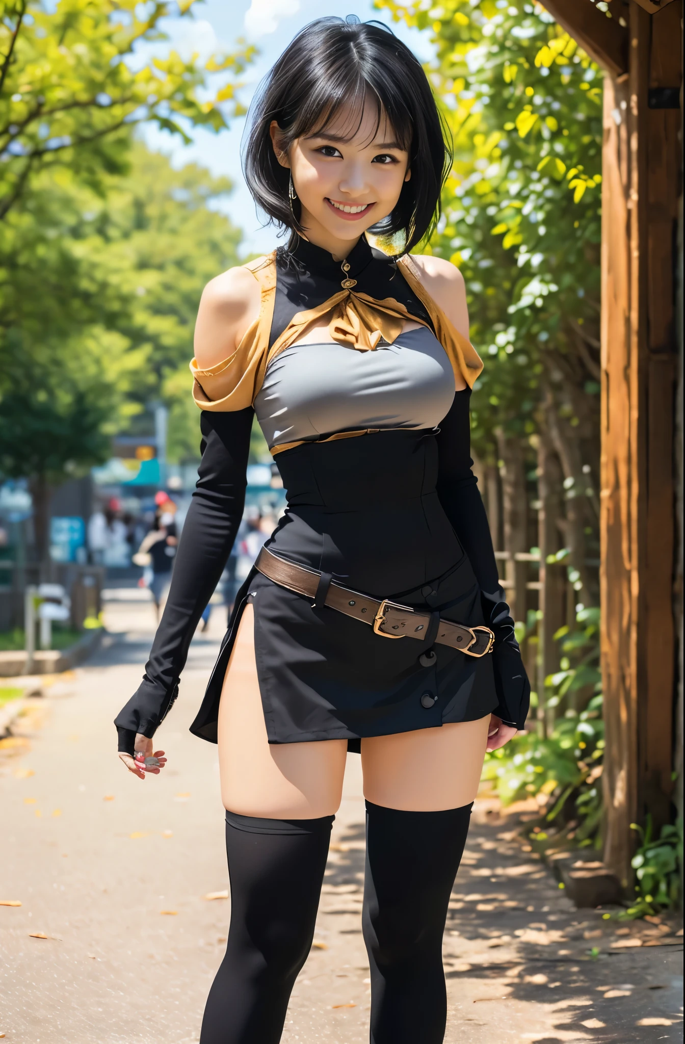 （8K、Raw photography、Highest quality、masterpiece：1.2),(Black Hair、Dark Eyes:1.9),(:1.6)、View your viewers,Front view,White skin,(Woman warrior:1.3)、(Tight waist:1.6)、(Clothes that accentuate the shape of the breasts:1.0)、(Big Breasts :1.3)、Slim figure、Ultra-high resolution,beautiful,beautiful fece,(One person、No background:1.9),whole bodyボディー,Japanese women,（reality的：1.37）、Photon Mapping,reality、(Baby-faced and cute: 1.2)、(Cute Smile: 1.8)、(Round face: 1.8)、Radio City、Physically Based Rendering、Depth of field rally background、photograph, (I can see your knees、Thigh close-up:1.8),（:1.6）,whole body、Great quality