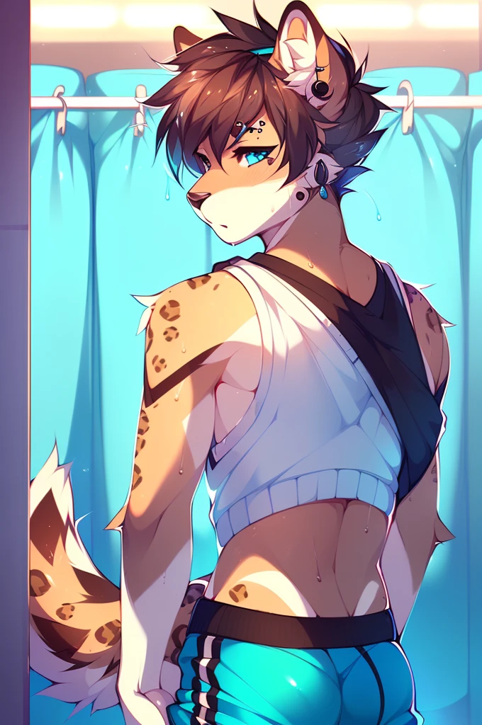 ((sfw)) Solo, A cute anthro, feline, male, (cute snout:1.2) full body, ((by hyattlen, by fumiko, ((by zackary, by fumiko)), solo, anthro, male leopard, Bright grey fur body, ((brown ears)), (( brown short hair with fauxhawk)), detailed eyes, bright blue eyes, bright grey neck, white chest, perfect drawn tail, white arms, cyan spots all over body, soft and warm chest, tired expression, toned body, long messy hair, great anatomy, femboy jock, big ass, wet body, wet glossy ass, glossy, side view, profile , lower body profile, sweating, not looking at viewer, well drawn hands, wearing, cropped grey sweater shirt, headpiece resting on neck, earrings, eyebrow piercing, good anatomy, facing away, short hair, gym change room, detail, standing, undressing shorts, undressing show, butt show, bulge