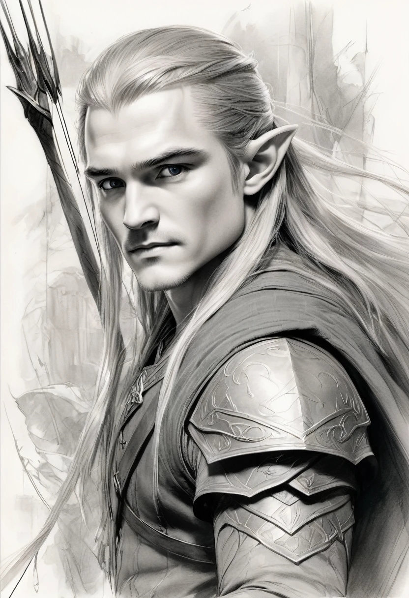 Anime line art of Legolas from The Lord Of The Rings trilogy, in dynamic pose, by Anna Razumovskaya, sketch, best quality, masterpiece, very aesthetic, perfect composition, intricate details, ultra-detailed, B&W