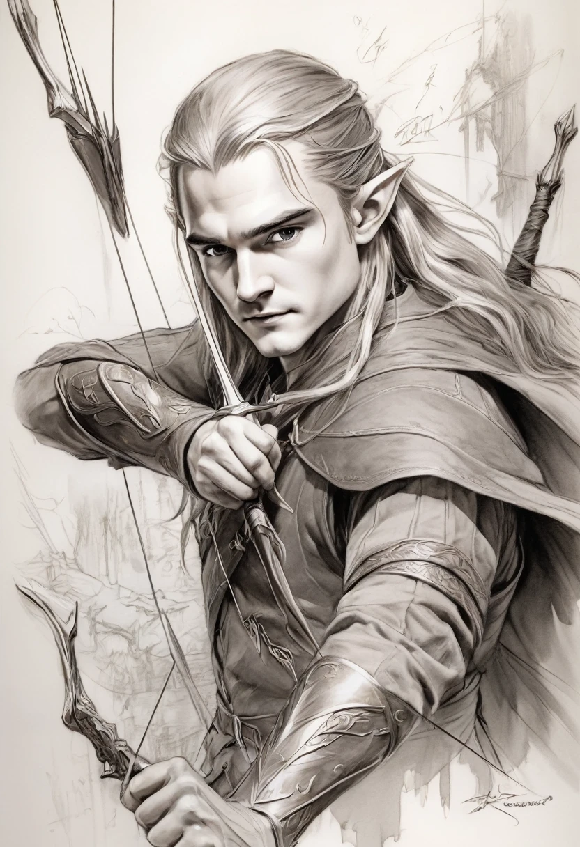 Anime line art of Legolas from The Lord Of The Rings trilogy, in dynamic pose, by Anna Razumovskaya, sketch, best quality, masterpiece, very aesthetic, perfect composition, intricate details, ultra-detailed, B&W
