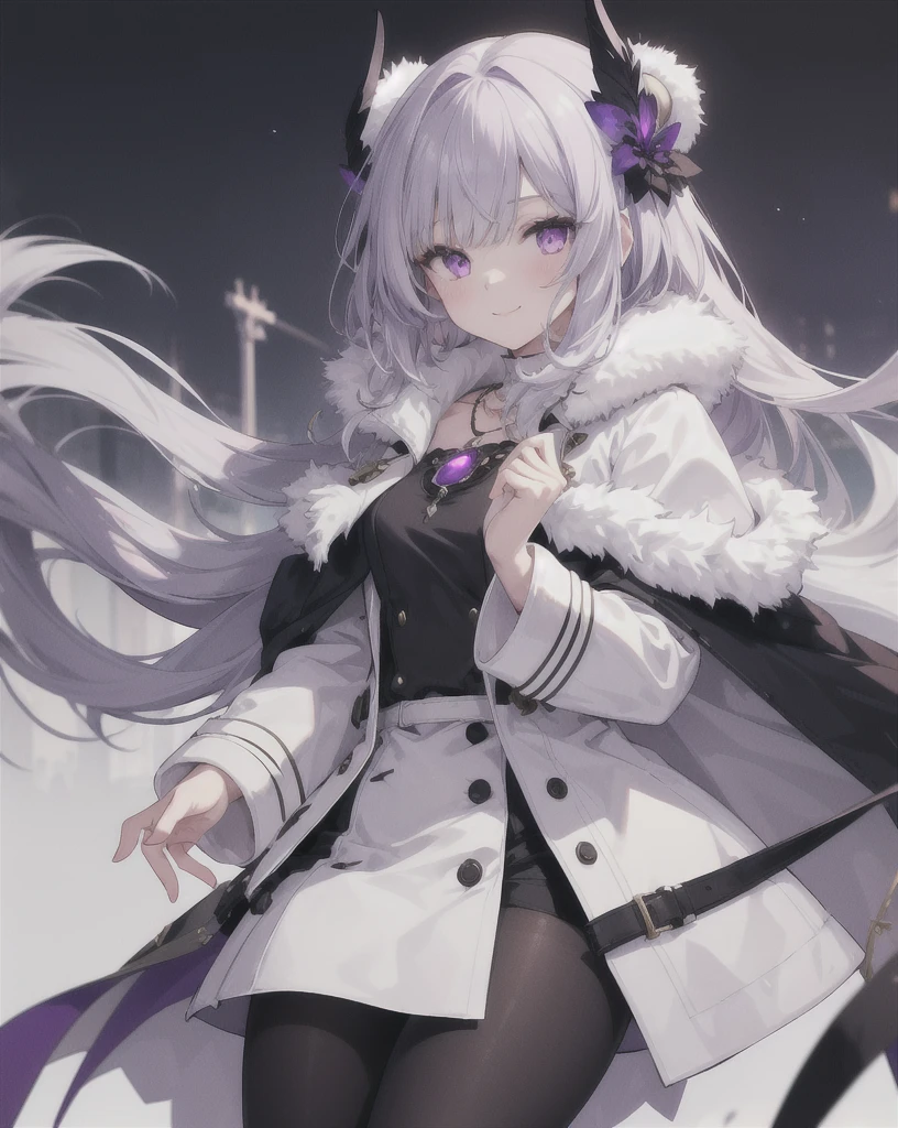 1girl, solo, coat,white_dress,black pantyhose, fur capelet, murmanskorigin, light smile, necklace,purple eyes