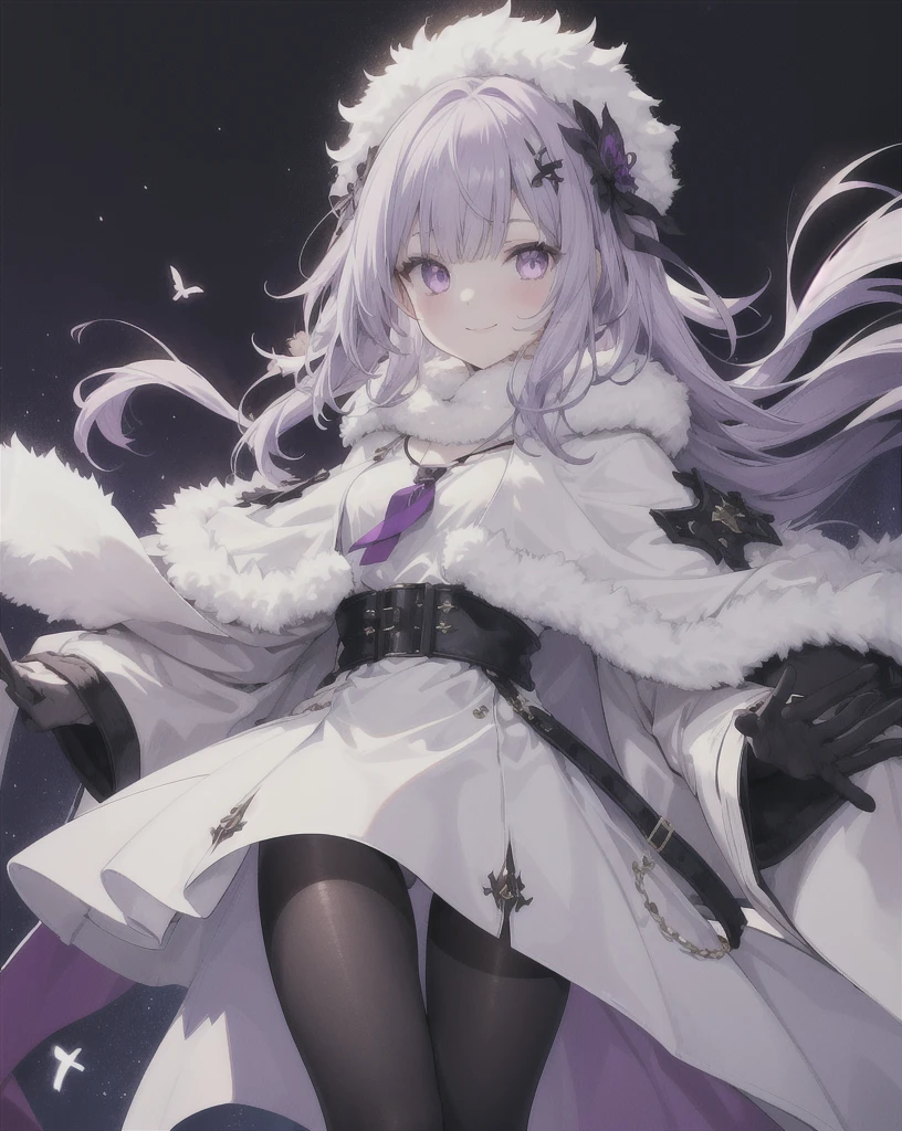 1girl, solo, coat,white_dress,black pantyhose, fur capelet, murmanskorigin, light smile, necklace,purple eyes