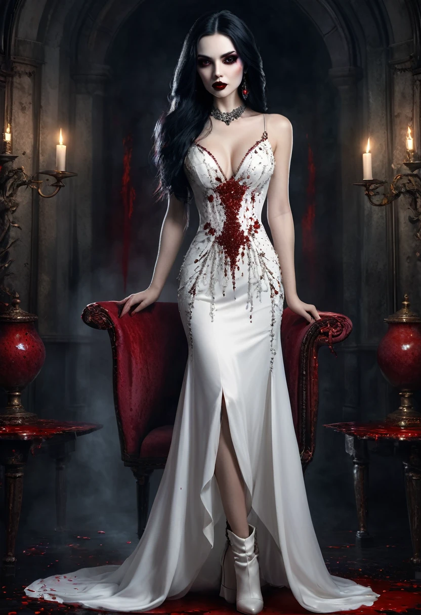 Arafed, dark fantasy art, goth art, full body shot, a beautiful female vampire wearing a (blood stained white evening dress: 1.5), an extremely beautiful female vampire, ultra detailed face, black hair, long hair, wavy hair, dark glamour make up, pale skin, red lips, glowing red eyes, visible vampiric fangs, she wears a ((white evening dress: 1.5)), elegant, intricate detailed dress, silk dress, small cleavage, ((dress is decorated with crystals: 1.4)), she wears elegant knee high heeled boots, exquisite knee high heeled boots, there are stains of blood on the upper part of the dress, dynamic background