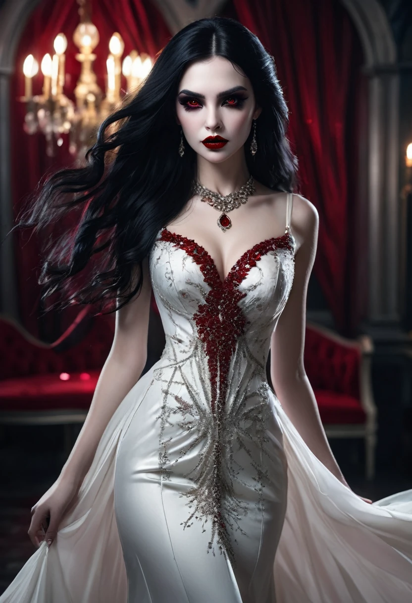 Arafed, dark fantasy art, goth art, full body shot, a beautiful female vampire wearing a (blood stained white evening dress: 1.5), an extremely beautiful female vampire, ultra detailed face, black hair, long hair, wavy hair, dark glamour make up, pale skin, red lips, glowing red eyes, visible vampiric fangs, she wears a ((white evening dress: 1.5)), elegant, intricate detailed dress, silk dress, small cleavage, ((dress is decorated with crystals: 1.4)), she wears elegant knee high heeled boots, exquisite knee high heeled boots, there are stains of blood on the upper part of the dress, dynamic background