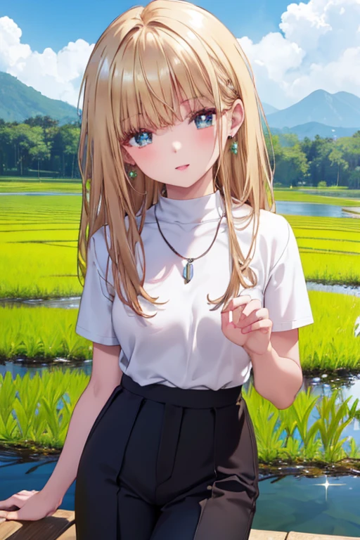 #Basic matters mahiru shiina, A girl is posing for a photo, animeのかわいい女の子, (((One Girl, Baby Face, 16 years old))),
BREAK
#Clothing Accessories
(Black T-shirt:1.4 + (Knee-length wide-leg pants in matcha green:1.4) + sneakers),
(big silver necklace, Silver earrings),
BREAK
#Features
(Droopy eyes), (Small breasts),
BREAK
#expression
(smug face, Wicked Smile),
#background environment
((noon, Sunshine + Paddy field + Rural landscape + rainbow)),
#composition
(Face the viewer:1.4, Aggressive Pose, Cowboy Shot:1.4),
BREAK
#Body parts elements
(Beautiful Hair,Shiny Hair),
(double eyelid, Long eyelashes),
(Expression of fine eyes, Beautiful and delicate eyes, Sparkling eyes, Eye Reflexes),
(Human Ear),
(Beautiful Nose, Thin Nose),
(Glossy lips, Beautiful Lips, Thick lips), (Symmetrical facial features),
(Detailed skin, Textured skin, Beautiful Skin),
BREAK
#Quality
(((Highest quality)), ((masterpiece)), ((Very detailed))), ((High resolution), (16K,1080P)),
(Realistic), (Anatomically correct),
((comics, anime)), (3DCG), CG illustration,