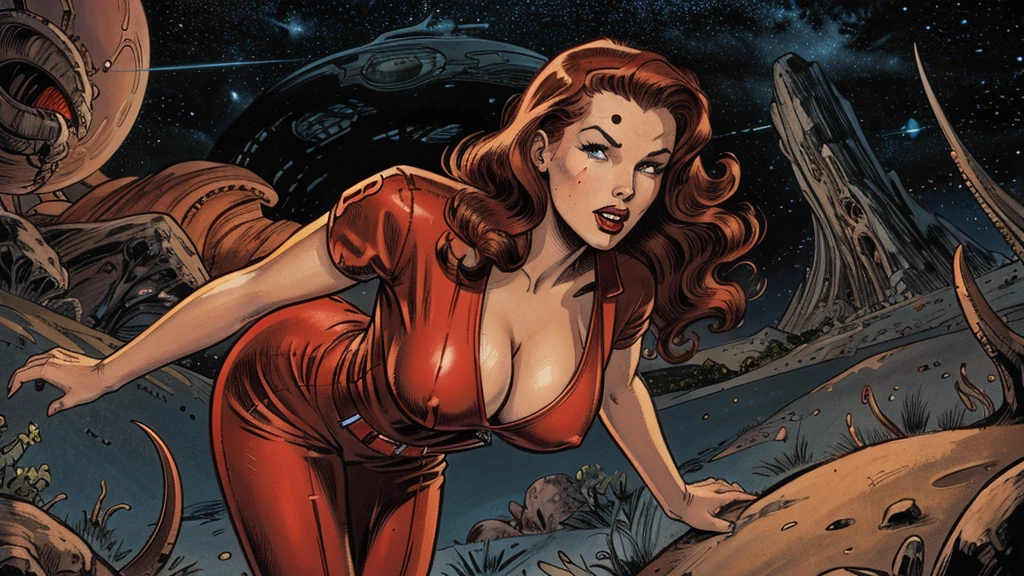 1950s retro comic, scifi, slender hot redhead space girl (realistic proportions), tight jumpsuit, cleavage, she looks at the camera, she is threatened by a giant monster with tentacles, huge teeth and giant red eyes