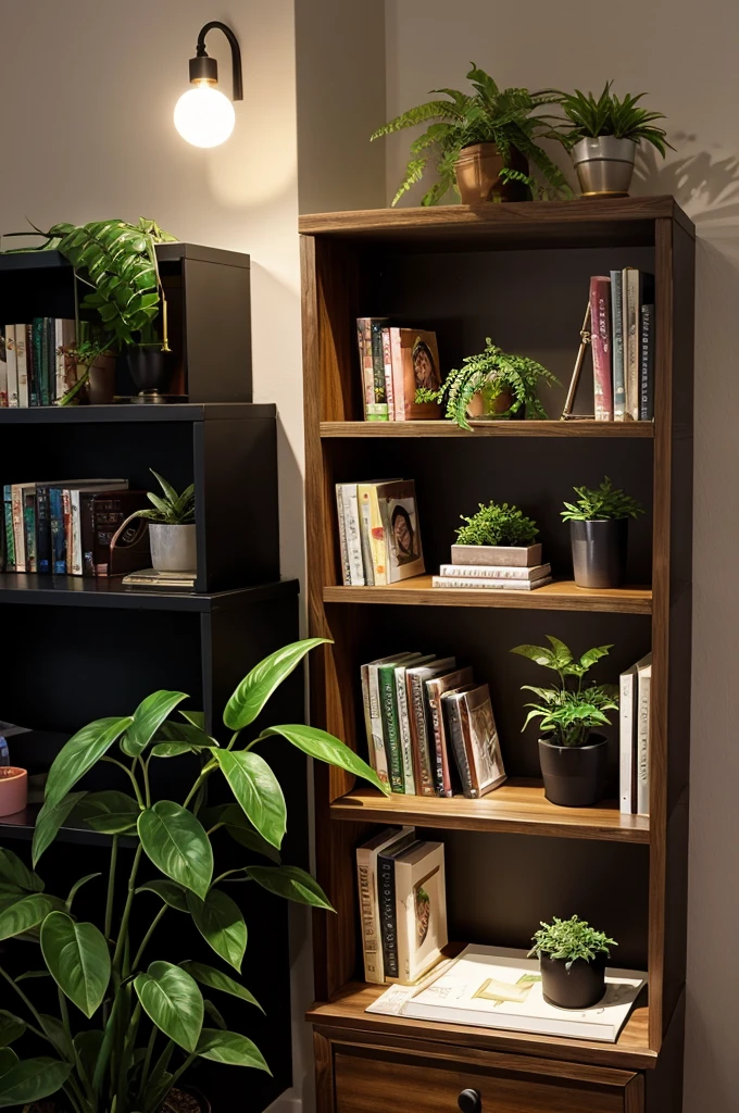 A mini bookshelf, aesthetic, with lights, and plants, money plant,