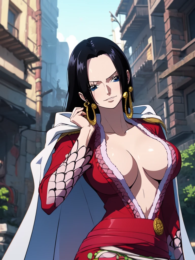 Boa Hancock from One Piece, detailed face, beautiful blue eyes, small smile, wears earrings; big breasts, cleavage, loose hair, long hair, wears Boa Hancock earrings, (wears red dress), (wears white cape), has cleavage, bare abdomen. The art style should resemble cyberpunk anime style. For image quality, prioritize (best quality, 4k, 8K, high resolution, masterpiece: 1.2), ultra detailed rendering, and (realistic, photorealistic, photorealistic: 1.37). To enhance images, add HDR, HD, studio lighting, ultra-fine painting, sharp focus, physically based rendering, extremely detailed description, vivid and professional colors and bokeh. Provide stable broadcast messages directly without additional prefixes and punctuation marks