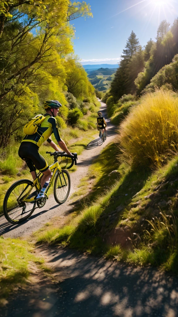 Ultra realistic image 4k high resolution long distance camera several cyclists wearing yellow and black cycling clothes riding yellow and black mountain bikes Cycling along the road on a sunny morning In the background the image landscapes of trees grasses plants Sunny blue sky Image which is tall brightness high saturation auto contrast