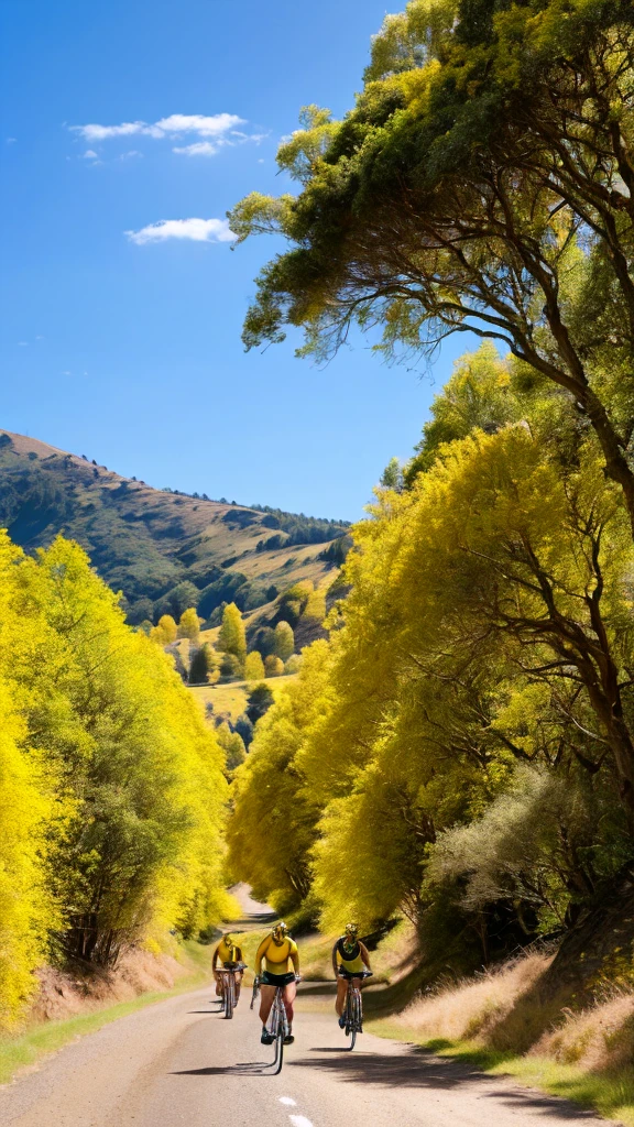 Ultra realistic image 4k high resolution long distance camera several cyclists wearing yellow and black cycling clothes riding yellow and black mountain bikes Cycling along the road on a sunny morning In the background the image landscapes of trees grasses plants Sunny blue sky Image which is tall brightness high saturation auto contrast