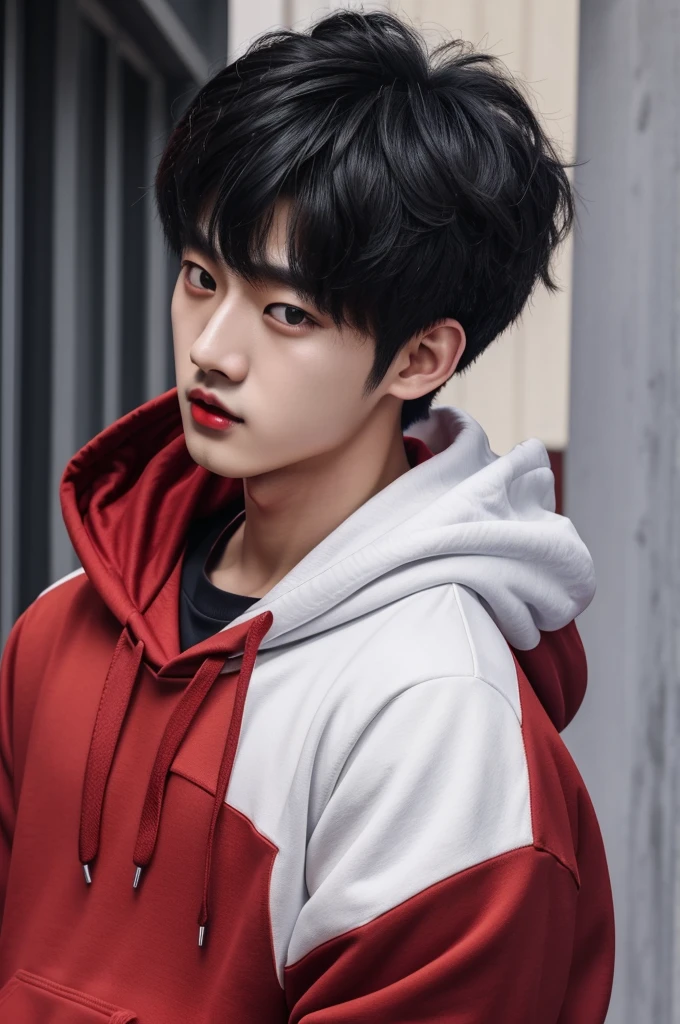 arafed man with a red lip and a hoodie, cai xukun, Jinyoung Shin, hong june hyung, ruan cute vtuber, profile picture, pale korean adorable face, young pale angel, kim taejin, evil ulzzang, headshot profile pictureture, hyung tae, Yanjun Chengt, chen longque, jungkook, heise jinyao