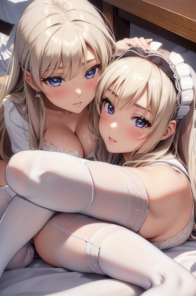 2 cute anime japanese girls, beautiful detailed eyes, beautiful detailed lips, extremely detailed eyes and face, long eyelashes, small nose, big breasts, slim, classroom, lesbian couple, kissing, (best quality,4k,8k,highres,masterpiece:1.2),ultra-detailed,(realistic,photorealistic,photo-realistic:1.37),beautiful lighting,vivid colors,soft focus,intricate details,((white stockings:1.4))