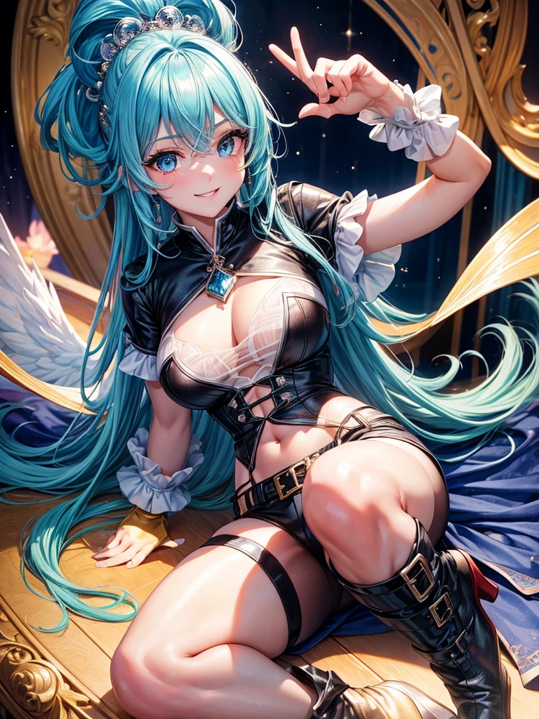 Gorgeous image quality, 8 k, high quality, masterpiece:1.2), ((masterpiece)), (high detail, high quality, Best Image Quality), solo, 1 girl, Konosuba ,aqua, blue hair, Blue eyes, detailed face, cheerful face, smiling, looks at the viewer,masterpiece, Beautiful art, очень detailed face, detailed hair, detailed clothing, detailed fabric, Beautiful face, black Dior thigh-high boots, Transparent top,short topic,  short pink shorts, bare belly, I&#39;m standing, Stooping, clouded, big breasts, middle thighs, turmoil, School Environment