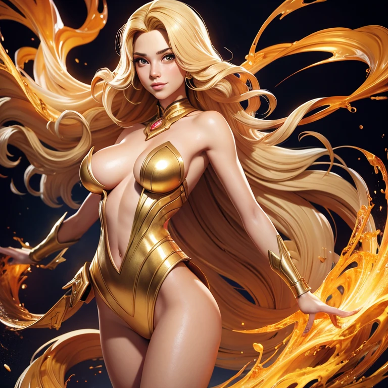 a digital painting of a woman with long blonde hair, nice breast and leggy, wearing a golden croop and posing against a background of golden splashes and drips