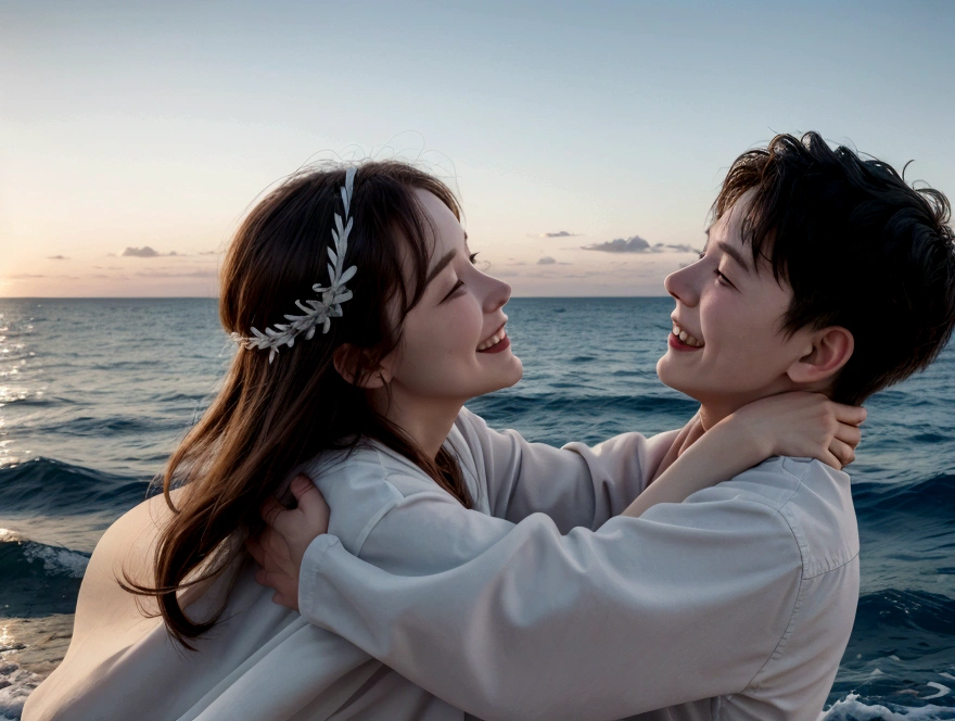 Create a scene of mother and son hugging, side by side coming out of the sea. The sky is clear and blue and there is plenty of light. The scene portrays the happiness and joy of the two.