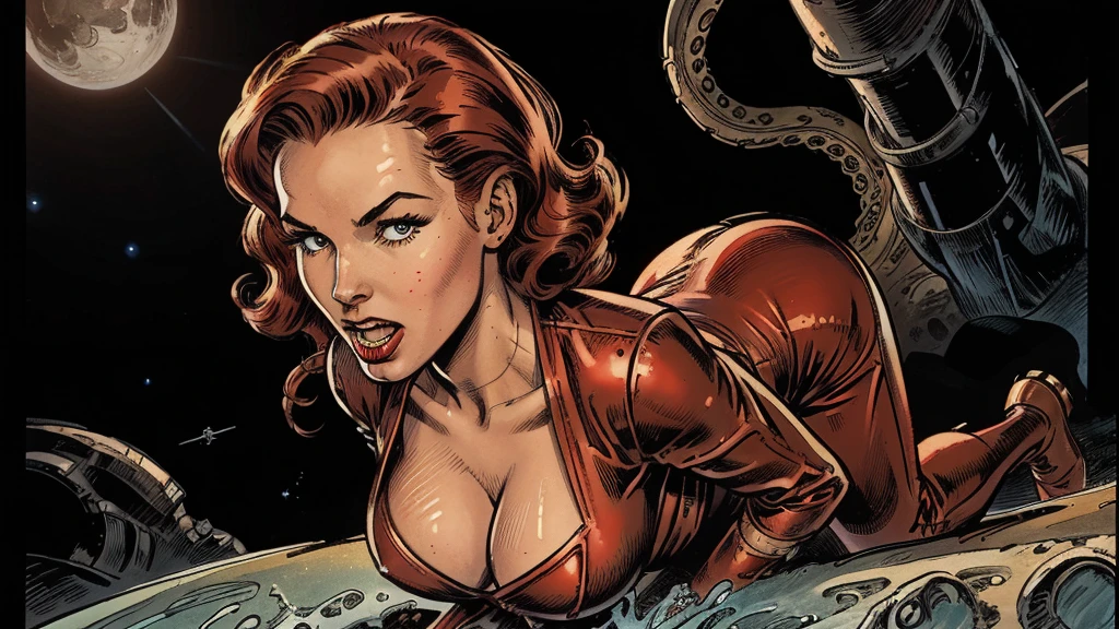 1950s vintage, retro comic, scifi, slender hot redhead space girl (realistic proportions), tight jumpsuit, cleavage, she looks at the camera, she is threatened by a giant monster with tentacles, huge teeth and giant red eyes