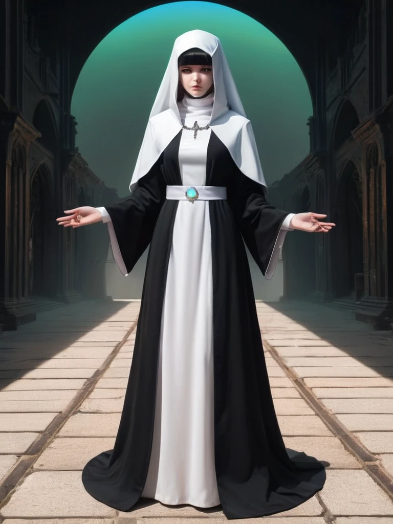 ral-opal, meahophontron, full body, woman face, monja diabolica, looking at camera, body nun clothes, black demon.