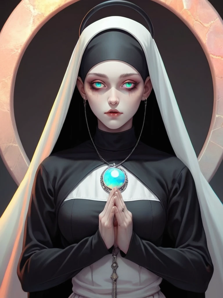 ral-opal, meahophontron, full body, woman face, monja diabolica, looking at camera, body nun clothes, black demon.