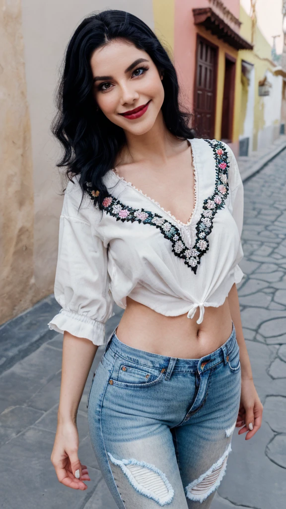  vampire girl about 30 years old, the girl is pale white, grey eyes, wavy black hair, black painted lips, She is on vacation in Mexico wearing a white Mexican handmade blouse with handmade flower embroidery., tight denim jeans, smiling and walking in a magical town in Mexico