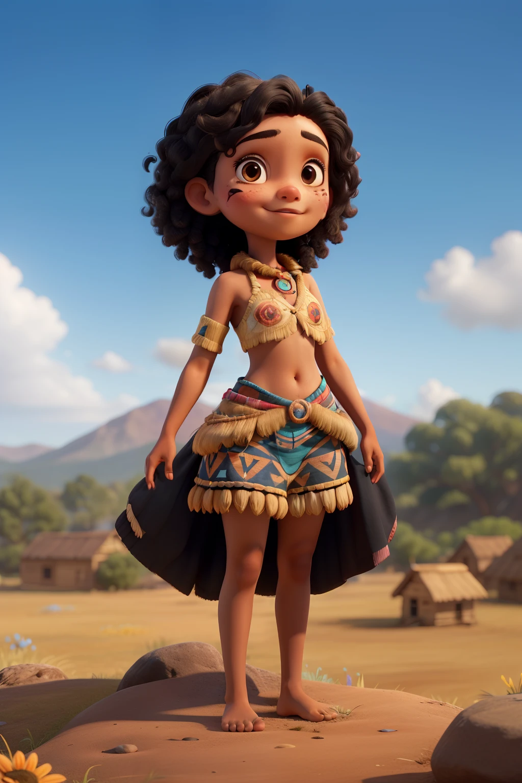 An 18 year old indigenous girl, with golden brown skin and straight black hair adorned with wildflowers. Her almond-shaped brown eyes reflect the joy and innocence of youth as she wears a Guarani outfit with sky blue details.. Delicate face paint with tribal symbols marks your connection to indigenous culture. Bare feet, solid bottom, no landscape or scenery