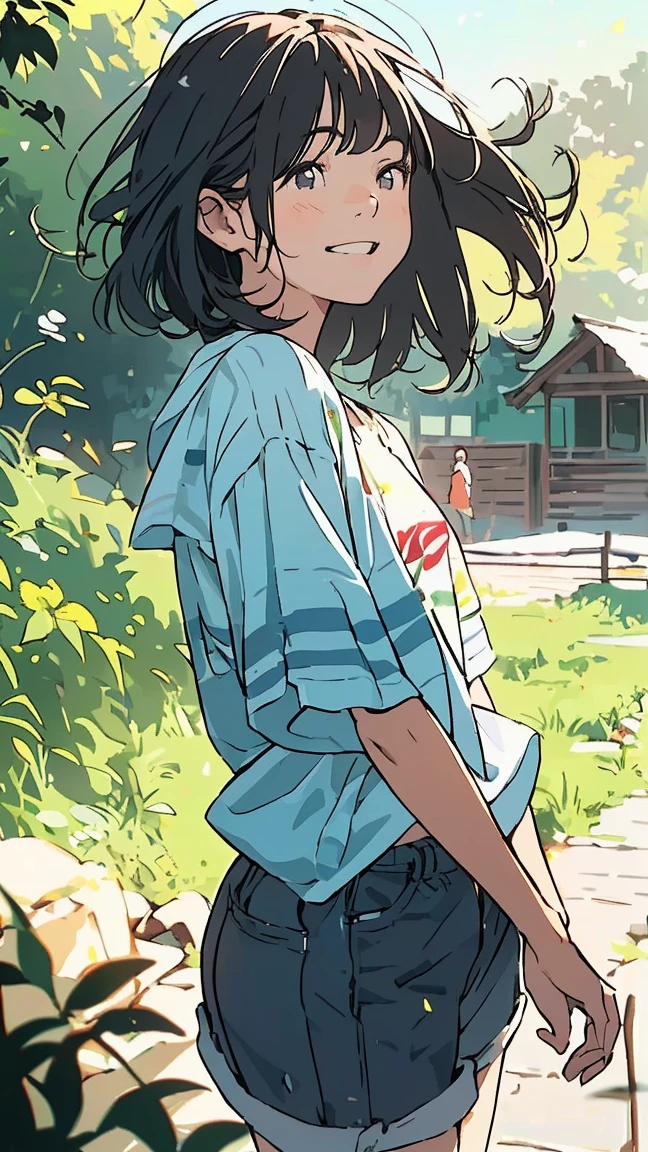 Affordable design, Clear lines, High Sharpness, (Highest quality,4K,Perfect sharpness,Ultra-fine,High resolution,masterpiece:1.2), Perfect Anatomy:1.5, Official Art, Illustrations that tell a story, (Whitish background:0. 9)、Body Positivity、Diverse physical expressions、(Random and strange poses))、Perfect beauty、Perfect beautiful face、(非常にStrong winds)、Rich expressiveness、Dynamic configuration、Golden ratio composition、colorful、((color々Different angles and perspectives))、Anime Drawings、((Overcoming stereotypes))、 Glowing Skin、(Natural Beauty)、bangs、short hair、(Soft and flowing hair)、(countryside)、((Nostalgic atmosphere))、((Playful and easygoing))、(diverse characters)、((Graceful posture))、(Sunny atmosphere)、(vivid color)、Shorts、A light smile、 ((Emotional))、bangs、Natural reaction、Summer clothing、(Braided hair)、Show off your thighs、Strong winds、Cheerful pose、((run energetically))、Angle from below、Side angle、A quick background、Brown Hair