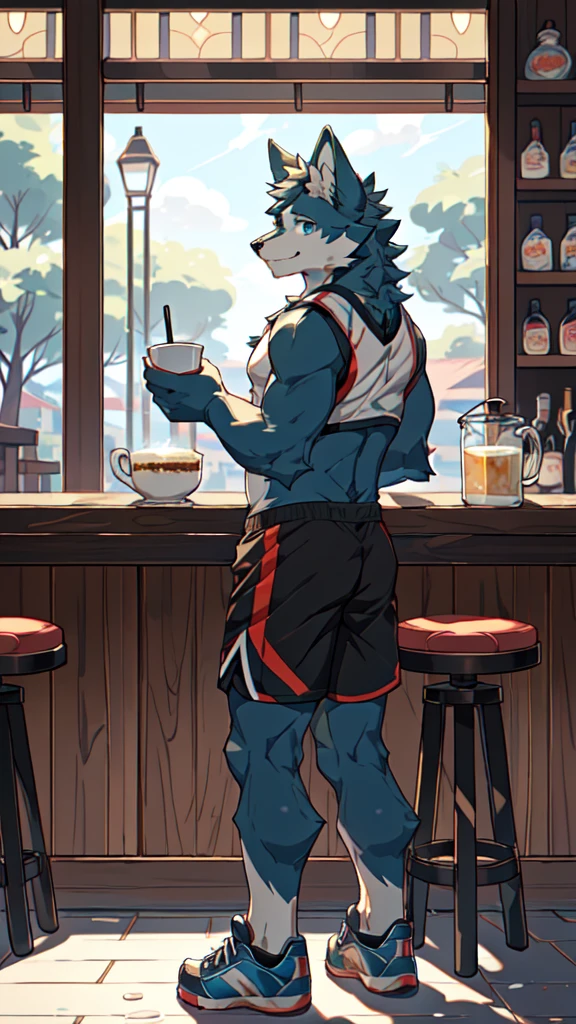 Sunlight，high resolution，4K，gay，(((whole body:1.1，Facing away from the camera:1.5)))，masterpiece，high quality，Brave and bold，((Wolf))，male，(((Milk tea shop，Sit at the bar)))，WolfFurry，(juvenile)，hairy，((Lovely，Smiling face，Long hair))，((peaceful，Gentle))，(((Well-proportioned body，Small ears，Well-proportioned limbs，Wolf尾巴:1.2，Meat pad)))，(((Green ears:1.5，Dark blue head，Dark blue back，Dark blue limbs，Brown chest，brown abdomen，Blue pupils，粉色Meat pad)))，(((Red and black sports shorts，Blue sneakers:1.3)))，Delicate face，Exquisite eyes，Detailed body，Detailed hands，Detailed feet