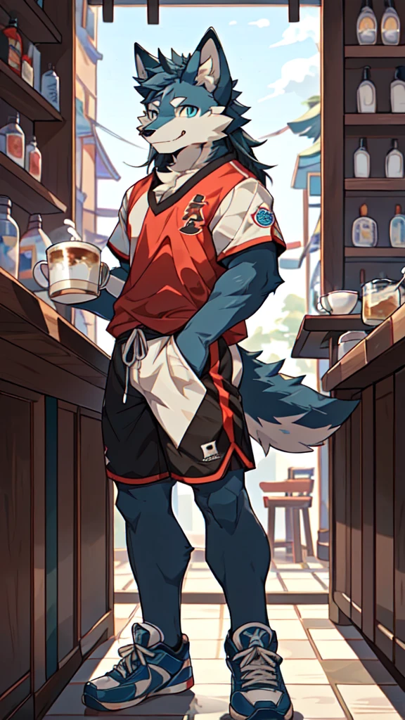 Sunlight,high resolution,4K,gay,(((whole body:1.1,Facing away from the camera:1.5))),masterpiece,high quality,Brave and bold,((Wolf)),male,(((Milk tea shop,Sit at the bar))),WolfFurry,(juvenile),hairy,((Lovely,Smiling face,Long hair)),((peaceful,Gentle)),(((Well-proportioned body,Small ears,Well-proportioned limbs,Wolf尾巴:1.2,Meat pad))),(((Green ears:1.5,Dark blue head,Dark blue back,Dark blue limbs,Brown chest,brown abdomen,Blue pupils,粉色Meat pad))),(((Red and black sports shorts,Blue sneakers:1.3))),Delicate face,Exquisite eyes,Detailed body,Detailed hands,Detailed feet