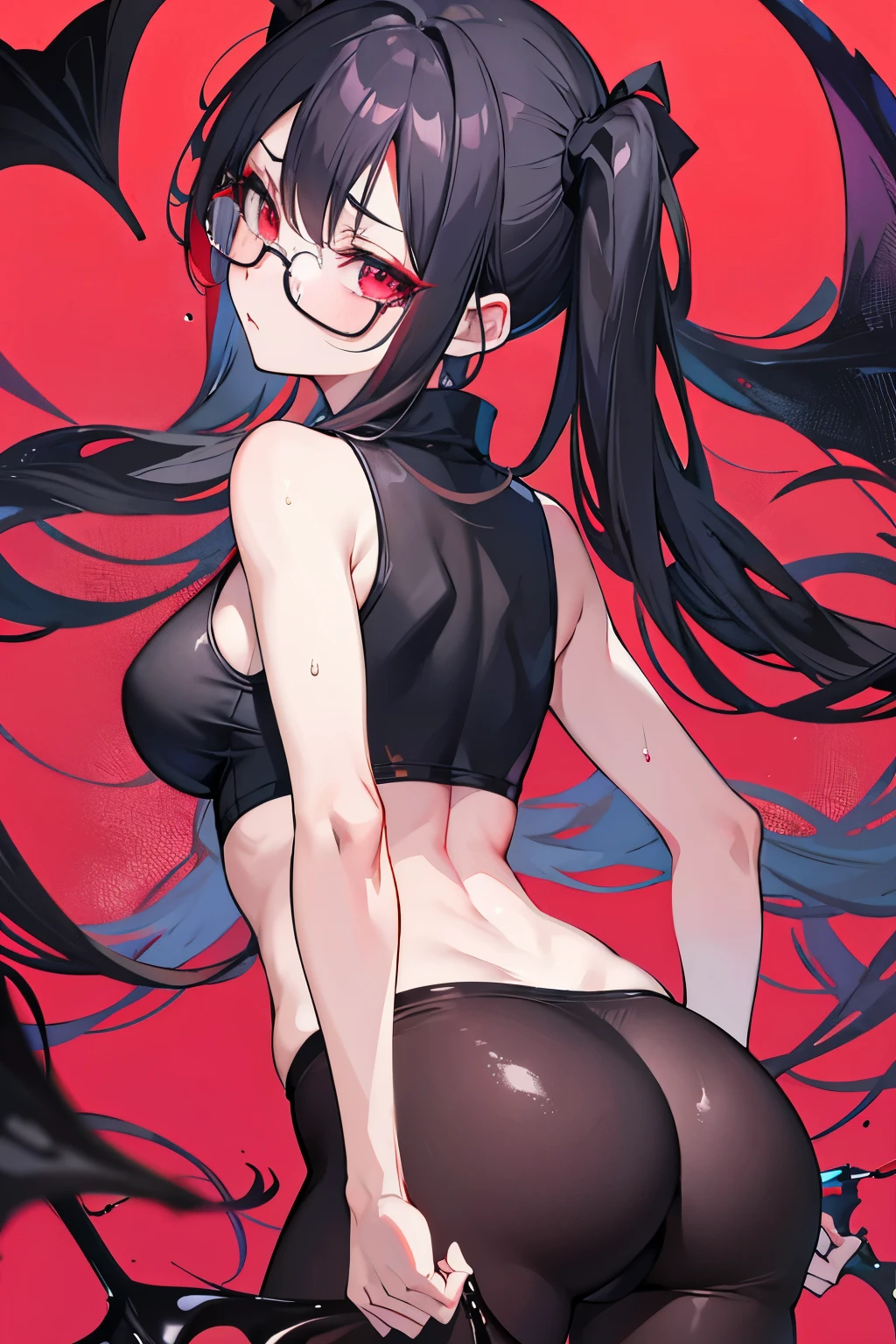 underdressing，Expression of disgust，Expression of disgust，Red Eyes，Sweat，Soaked，liquid，transparent，Cropped tops，succubus，pink，stocking，Glasses，Black pantyhose，Back