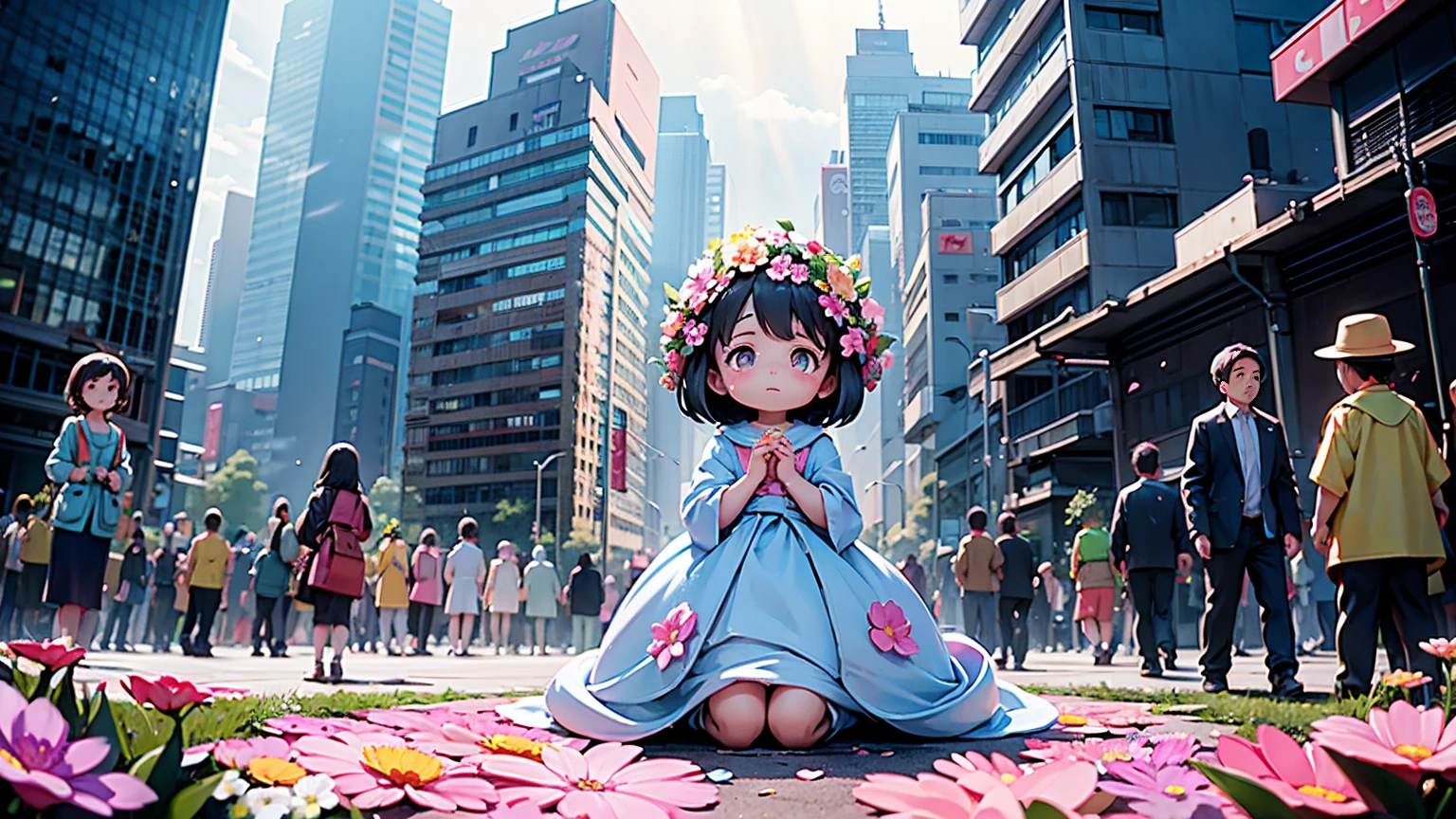 A vibrant flower blooms on the dirty ground of a large gray avenue. A crowd of gray, soulless people crosses the streets. A colorful , glowing with bright hues, stands protectively over the flower, protecting it with her little hands and determined eyes. Sunlight breaks through the dark clouds. Studio Ghibli style