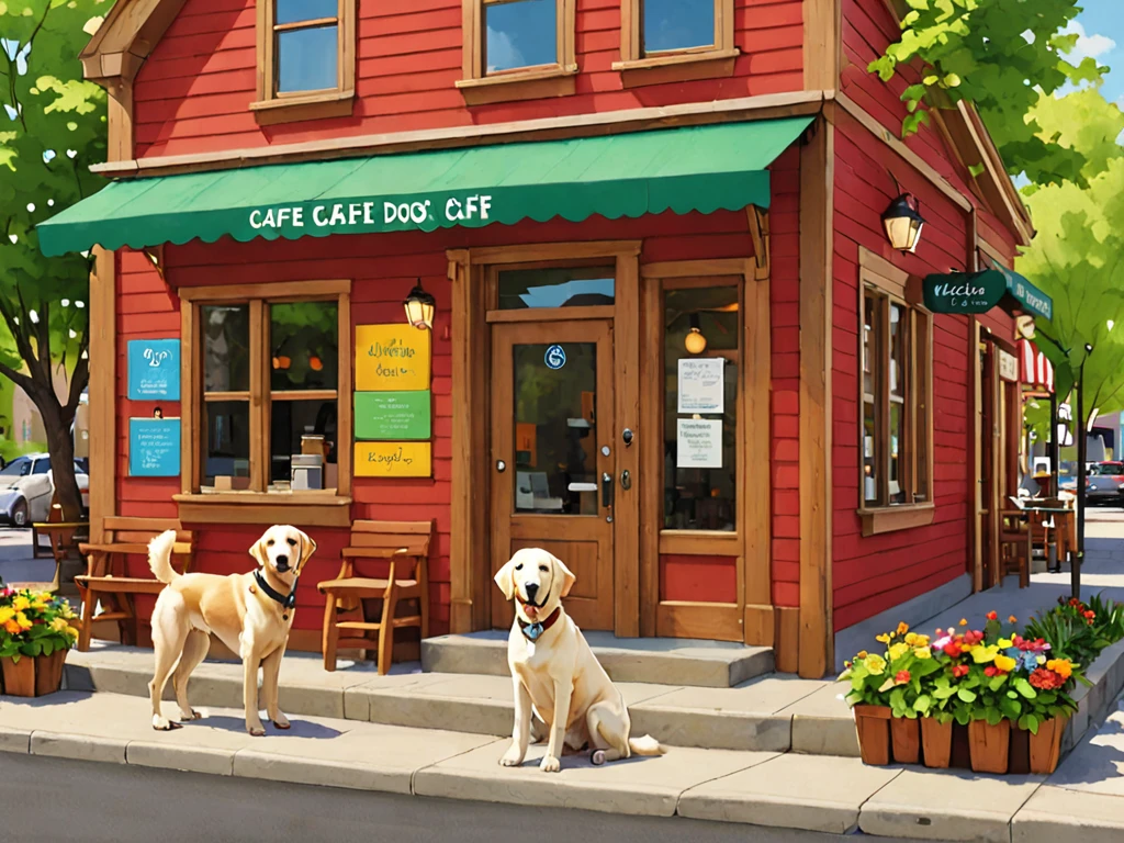 Here is the updated English prompt for an image generation AI to create the exterior view of the therapy dog CAFE "Wonderful Wanda" with the requested dog breeds:
Please generate an exterior view of the therapy dog CAFE "Wonderful Wanda".
Building:
- A warm, wooden building
- Brown, wood-grain exterior
- Green trees surrounding the building
Signage:
- Colorful signs hanging on the building
- The cafe's name, "Wonderful Wanda," is written on the signs
- The signs use vibrant colors such as red, blue, and yellow
Entrance:
- Two therapy dogs, a Labrador Retriever and a Standard Poodle, are sitting and greeting customers
- The dogs have friendly expressions and are wagging their tails
Other details:
- A water fountain for dogs and benches around the building
- Flower beds and green spaces in front of the cafe
- Sunlight warmly illuminating the building
Overall atmosphere:
- Convey the impression of a warm, inviting cafe where people can interact with therapy dogs
- The wooden building, colorful signage, and welcoming therapy dogs at the entrance create a space of healing and relaxation
This prompt specifies concrete details such as the building materials, colors, signage design, types of therapy dogs (Labrador Retriever and Standard Poodle) at the entrance, background elements, and small objects, making it easier for the image generation AI to understand and create an image that aligns with the intended vision. It also mentions the overall atmosphere, instructing the AI to express the unique healing and relaxing environment of a therapy dog cafe.