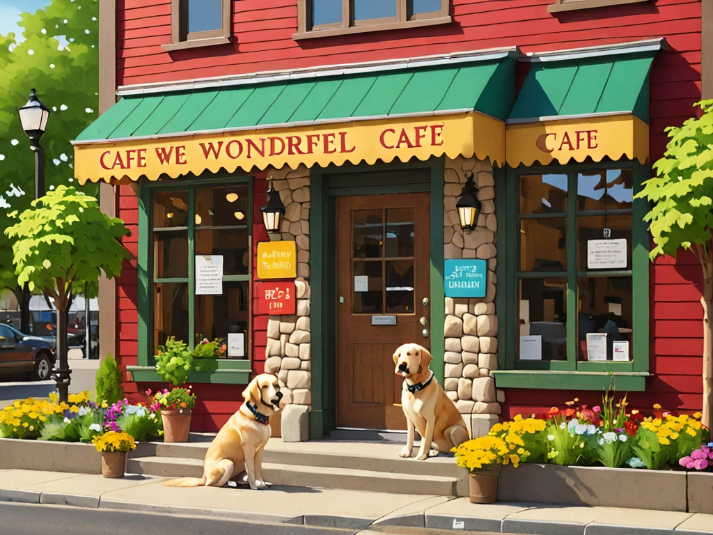 Here is the updated English prompt for an image generation AI to create the exterior view of the therapy dog CAFE "Wonderful Wanda" with the requested dog breeds:
Please generate an exterior view of the therapy dog CAFE "Wonderful Wanda".
Building:
- A warm, wooden building
- Brown, wood-grain exterior
- Green trees surrounding the building
Signage:
- Colorful signs hanging on the building
- The cafe's name, "Wonderful Wanda," is written on the signs
- The signs use vibrant colors such as red, blue, and yellow
Entrance:
- Two therapy dogs, a Labrador Retriever and a Standard Poodle, are sitting and greeting customers
- The dogs have friendly expressions and are wagging their tails
Other details:
- A water fountain for dogs and benches around the building
- Flower beds and green spaces in front of the cafe
- Sunlight warmly illuminating the building
Overall atmosphere:
- Convey the impression of a warm, inviting cafe where people can interact with therapy dogs
- The wooden building, colorful signage, and welcoming therapy dogs at the entrance create a space of healing and relaxation
This prompt specifies concrete details such as the building materials, colors, signage design, types of therapy dogs (Labrador Retriever and Standard Poodle) at the entrance, background elements, and small objects, making it easier for the image generation AI to understand and create an image that aligns with the intended vision. It also mentions the overall atmosphere, instructing the AI to express the unique healing and relaxing environment of a therapy dog cafe.