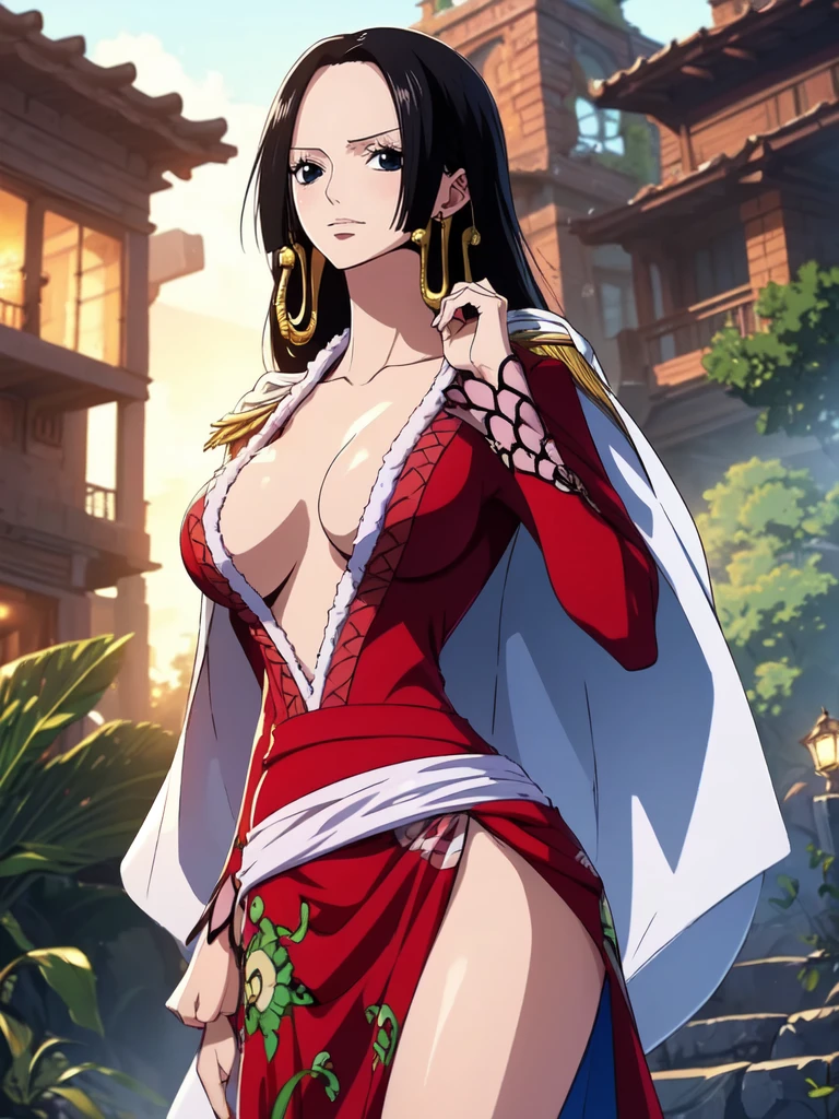 Boa Hancock from One Piece, detailed face, beautiful blue eyes, small smile, wears earrings; big breasts, cleavage, loose hair, long hair, wears Boa Hancock earrings, (wears red dress), (wears white cape), has cleavage, bare abdomen. The art style should resemble cyberpunk anime style. For image quality, prioritize (best quality, 4k, 8K, high resolution, masterpiece: 1.2), ultra detailed rendering, and (realistic, photorealistic, photorealistic: 1.37). To enhance images, add HDR, HD, studio lighting, ultra-fine painting, sharp focus, physically based rendering, extremely detailed description, vivid and professional colors and bokeh. Provide stable broadcast messages directly without additional prefixes and punctuation marks