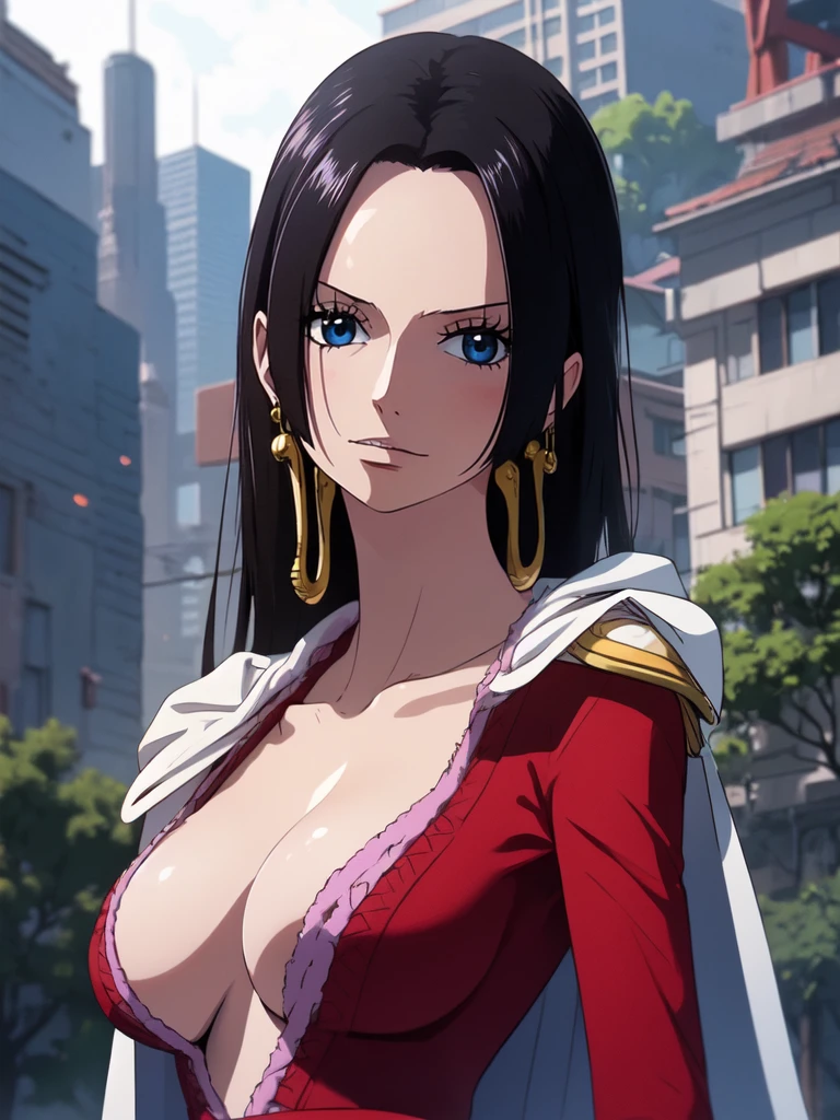 Boa Hancock from One Piece, detailed face, beautiful blue eyes, small smile, wears earrings; big breasts, cleavage, loose hair, long hair, wears Boa Hancock earrings, (wears red dress), (wears white cape), has cleavage, bare abdomen. The art style should resemble cyberpunk anime style. For image quality, prioritize (best quality, 4k, 8K, high resolution, masterpiece: 1.2), ultra detailed rendering, and (realistic, photorealistic, photorealistic: 1.37). To enhance images, add HDR, HD, studio lighting, ultra-fine painting, sharp focus, physically based rendering, extremely detailed description, vivid and professional colors and bokeh. Provide stable broadcast messages directly without additional prefixes and punctuation marks