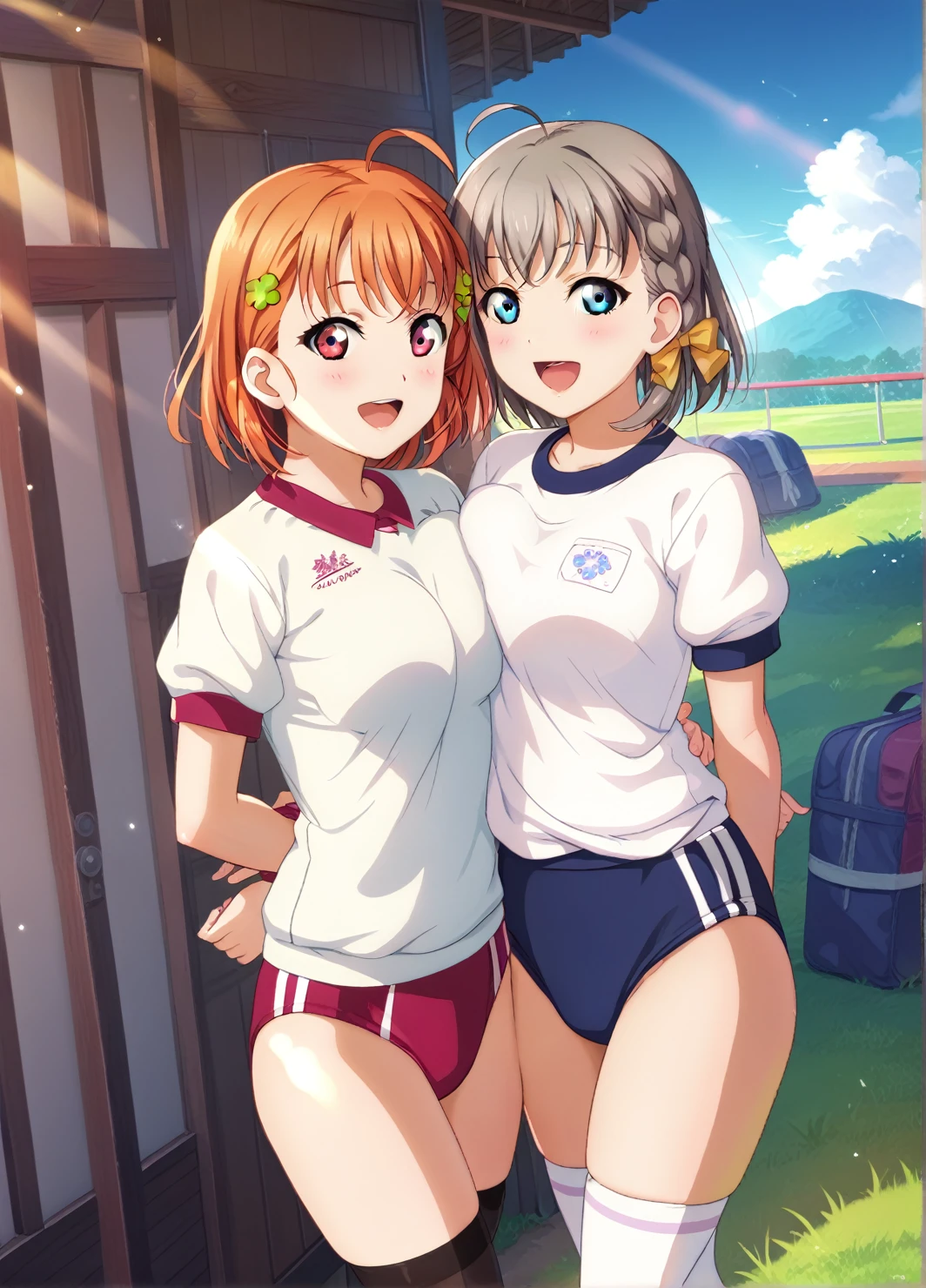 breasts, looking at viewer, blush, smile, short hair, open mouth, bangs, blue eyes, multiple girls, brown hair, shirt, hair ornament, red eyes, thighhighs, bow, 2girls, medium breasts, standing, white shirt, braid, ahoge, short sleeves, :d, hair bow, grey hair, thighs, outdoors, sky, day, cloud, orange hair, blue sky, arms behind back, thigh gap, sunlight, grass, breast press, side braid, yellow bow, gym uniform, buruma, gym shirt, red buruma, clover hair ornament, watanabe you, takami chikai' bulge clothes
