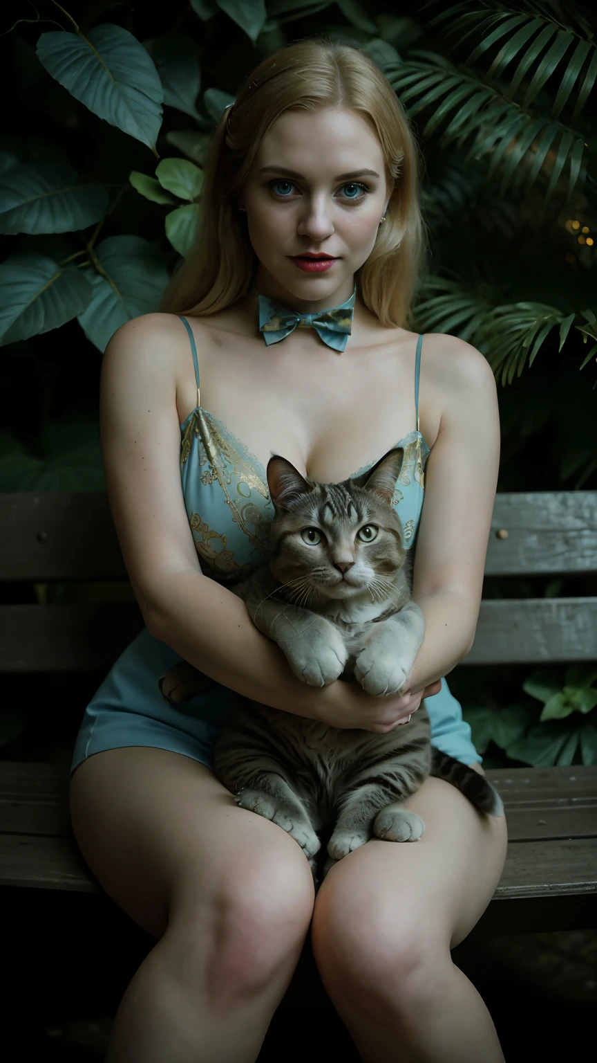 Cinematographic still featuring a 18yo girl, her hands holding a lovely-cat, depth of field, blonde curvy-girl(with a large bust, and big eyes, very pale skin, bold pink-lips, long hair(combed back), perfect fit legs)hourglass figure. Blonde curvy girl, wearing a revealing tight lace-outfit(with intricate floral-patterns, and a ribbon blue-bow tie, gold details)that accents her large breasts and highlights her waist. her hands holding a lovely-cat: As asymmetric pose, sitting on a bench(with a cat, surrounded by greenery lush plants). The scene is captured on a faded film reminiscent of a 70mm(photo from decades past). The colors are desaturated(emphasizing the gloom). The overall effect is akin to the Kodachrome slides of yesteryears, with a touch of Lomography’s(capturing a moment frozen in time). The scene is dark, with harsh lighting and a blurred bokeh background. In a desaturated Chocolate-Brown/desaturated Turquoise, and accents in gold colors palette theme. her hands Holding a cat.