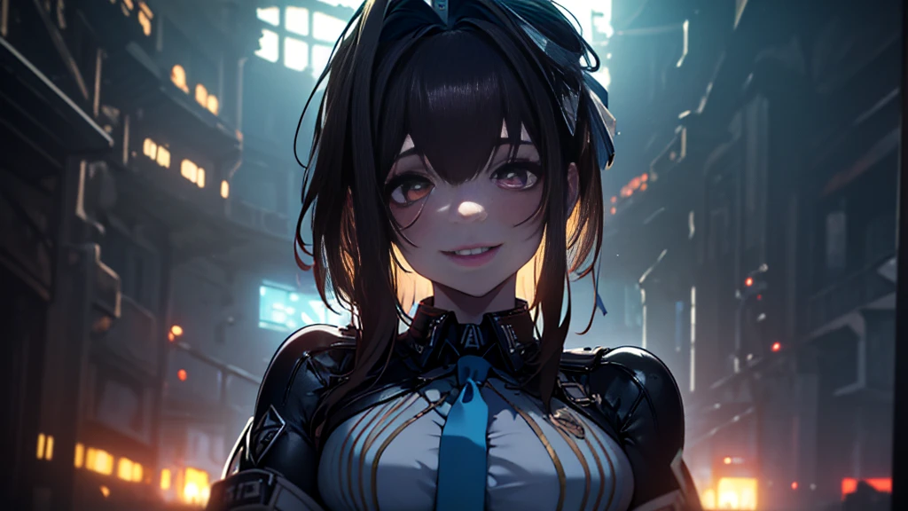 ((Best quality)), ((masterpiece)), (detailed:1.4), 3D, an image of a beautiful cyberpunk female, Yandere , Yandere Face , Trance , Trance Eyes , yameroyandere , constricted pupils , yandere , empty eyes . shaded face , crazy eyes , glowing brown eyes , crazy smile , Marian , tied hair, long brown hair , White Military Uniform , Brown Eyes, Blue Barret, Blue Necktie ,Blue Ribbon , White undercloth, large breasts, HDR (High Dynamic Range),Ray Tracing,NVIDIA RTX,Super-Resolution,Unreal 5,Subsurface scattering,PBR Texturing,Post-processing,Anisotropic Filtering,Depth-of-field,Maximum clarity and sharpness,Multi-layered textures,Albedo and Specular maps,Surface shading,Accurate simulation of light-material interaction,Perfect proportions,Octane Render,Two-tone lighting,Wide aperture,Low ISO,White balance,Rule of thirds,8K RAW,