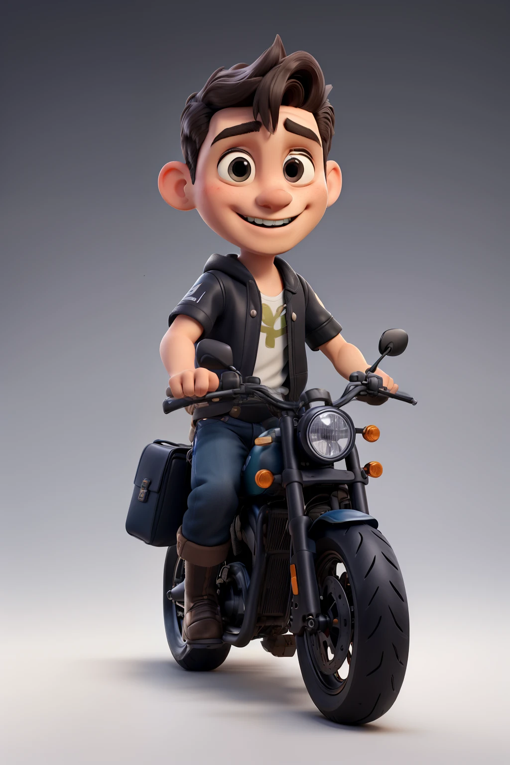 1 boy, (best quality, masterpiece, original, very detailed 8K wallpaper) (remaining), (very detailed), (illustrated), (detailed light), (advanced), (solo: 1.4) ( 8K), (CG output), (Masterpiece), (Features) , Biker outfit, Adult, sophisticated, smiling, black motorcycle, delivery man bag, (Avatar, close-up), ((Cute)), white background
