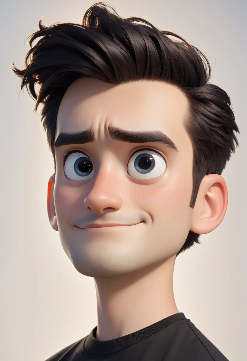 Create a Disney Pixar-style character of a 25-year-old man, offwhite, short straight hair combed to the side, dentes offwhites grandes, black tee, looking at the camera, foto perfil, commercial shot., face is brightly lit