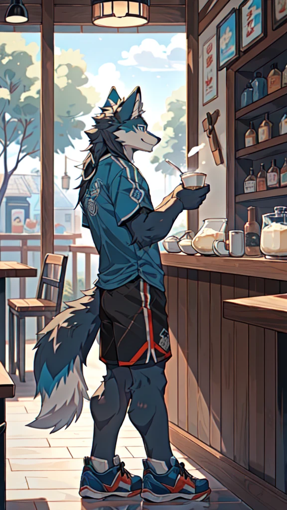 Sunlight，high resolution，4K，gay，(((whole body:1.1，Facing away from the camera:1.5)))，masterpiece，high quality，Brave and bold，((Wolf))，male，(((Milk tea shop，Sit at the bar)))，WolfFurry，(juvenile)，hairy，((Lovely，Smiling face，Long hair))，((peaceful，Gentle))，(((Well-proportioned body，Small ears，Well-proportioned limbs，Wolf尾巴:1.2，Meat pad)))，(((Green ears:1.5，Dark blue head，Dark blue back，Dark blue limbs，Brown chest，brown abdomen，Blue pupils，粉色Meat pad)))，(((Grey short sleeves，Red and black sports shorts，Blue sneakers:1.3)))，Delicate face，Exquisite eyes，Detailed body，Detailed hands，Detailed feet