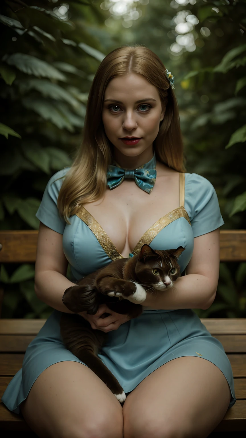 Cinematographic still featuring a 18yo girl, her hands holding a lovely-cat, depth of field, blonde curvy-girl(with a large bust, and big eyes, very pale skin, bold pink-lips, long hair(combed back), perfect fit legs)hourglass figure. Blonde curvy girl, wearing a revealing tight lace-outfit(with intricate floral-patterns, and a ribbon blue-bow tie, gold details)that accents her large breasts and highlights her waist. her hands holding a lovely-cat: As asymmetric pose, sitting on a bench(with a cat, surrounded by greenery lush plants). The scene is captured on a faded film reminiscent of a 70mm(photo from decades past). The colors are desaturated(emphasizing the gloom). The overall effect is akin to the Kodachrome slides of yesteryears, with a touch of Lomography’s(capturing a moment frozen in time). The scene is dark, with harsh lighting and a blurred bokeh background. In a desaturated Chocolate-Brown/desaturated Turquoise, and accents in gold colors palette theme. her hands Holding a cat. FROM THE ABOVE VIEW